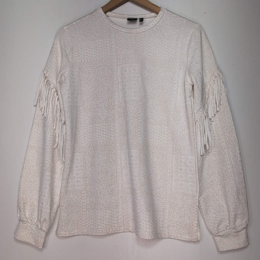 Cruel Denim Womens Small Cream Patchwork Fringe Long Sleeve Western Top